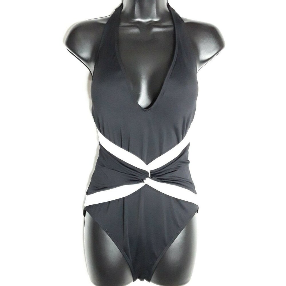 Lauren Ralph Lauren, Swimsuit, Size 8. One Piece Halter Black White Ruched